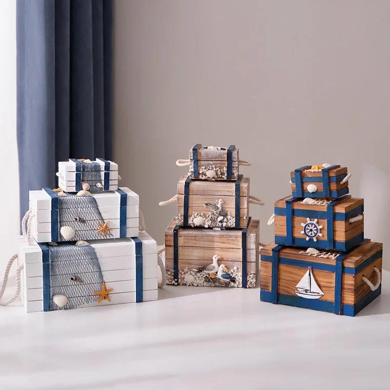Decorative Keepsake Chest - Set of 3 Jewelry Storage Box Antique Wood Storage Boxes with Rope Pulling and Shell Decoration