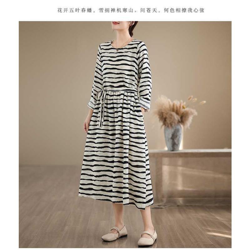 Striped Printed Round Neck Long Sleeve Tie Dress