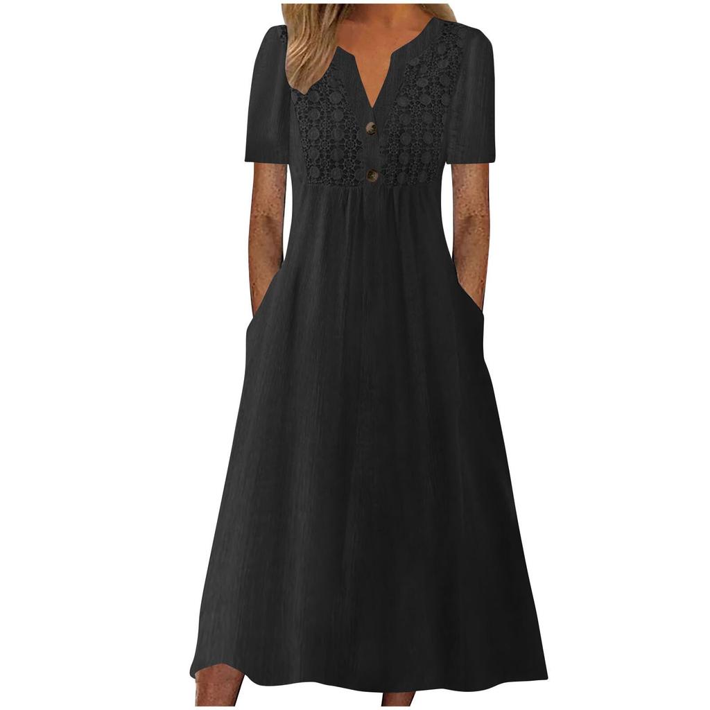 Summer Dresses For Women Boho Maxi Dress Short Sleeve V Neck Dresses Fashion Dress with Pockets