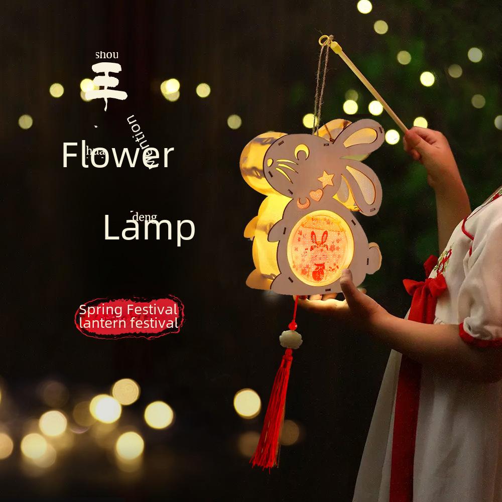 DIY Ancient Style Hanfu Luminous Rabbit Lantern Kit with Wooden Frame for Kids - Mid-Autumn Festival