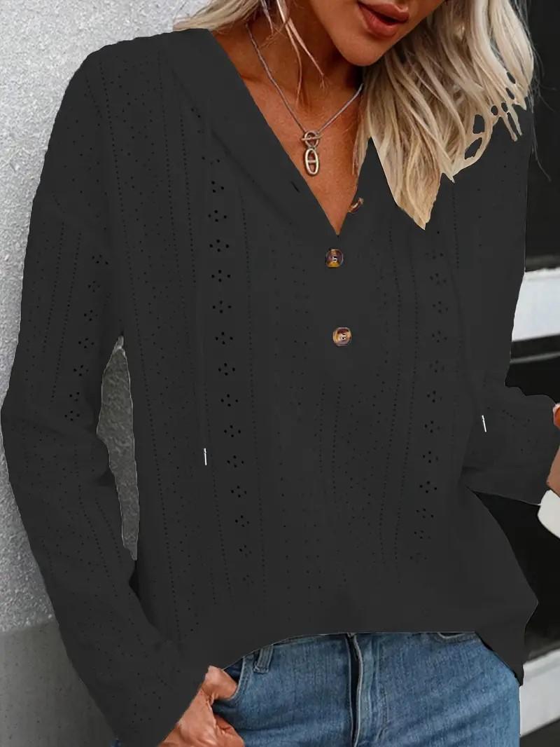 2024 autumn and winter new v-neck loose long-sleeved hooded T-shirt top women s black S чёрный