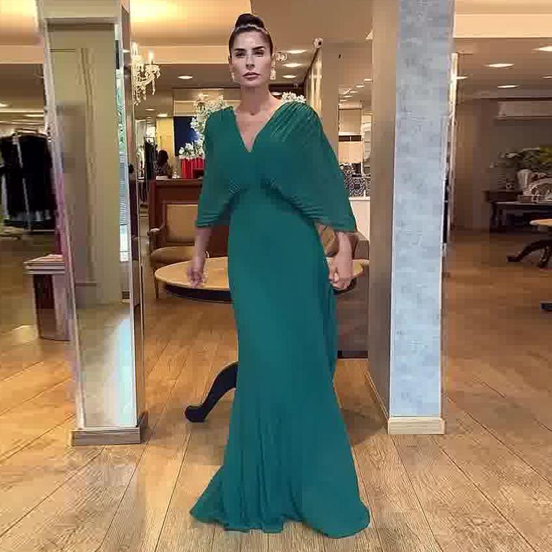 Women's Solid V Neck Batwing Half Sleeve Pleated Maxi Dress High Waist Formal Evening Gown XS-3XL