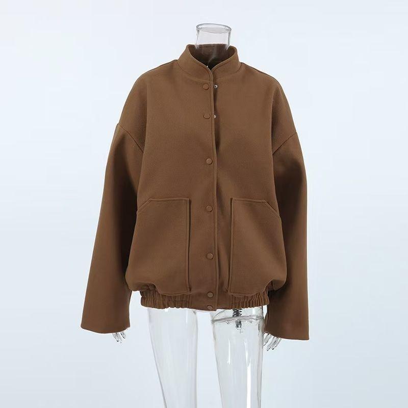 

Мода Ветер Новое поступление Свободный Воротник-стойка Большой карман Однотонная верхняя одежда Воротник-стойка Карман Однотонный топ Brown S