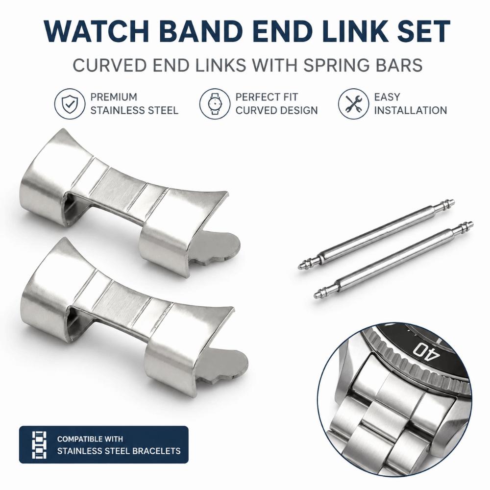 Stainless Steel Curved End Link Set Metal Wristband Curved End Bracelet Adapter Watch Accessories