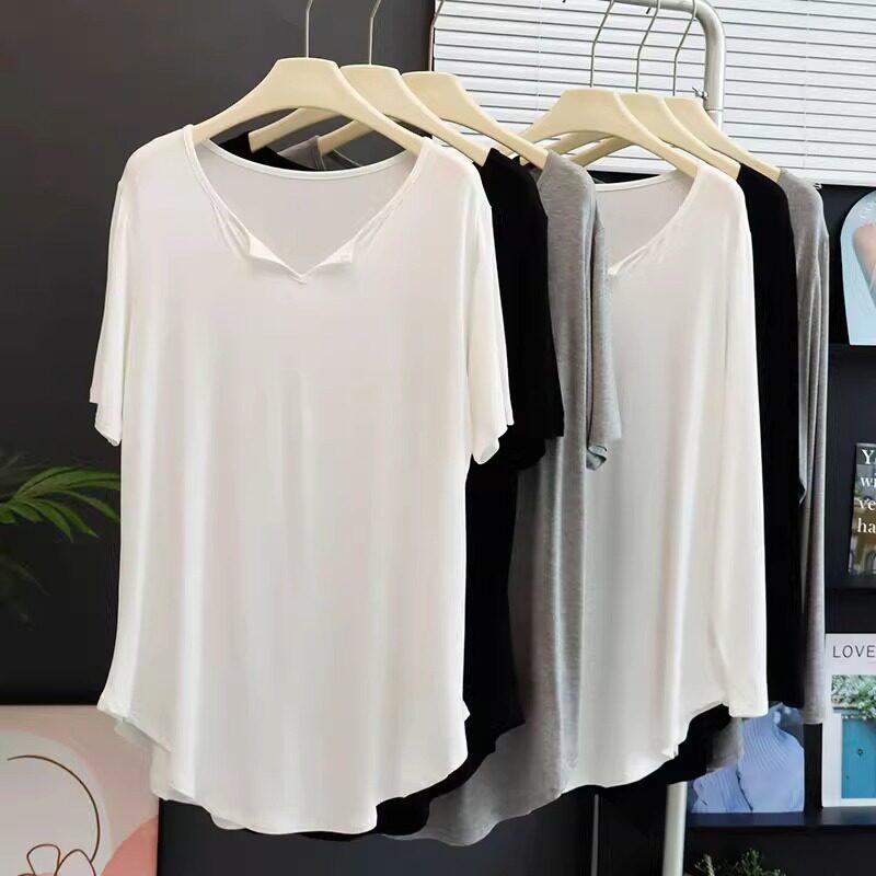 Modal Short-sleeved T-shirt Women's Medium and Long Butt-covering V-neck Arc Hem Loose Sports Blouse Top