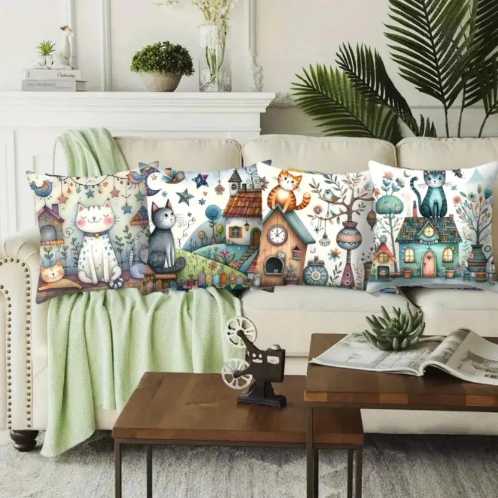 Home Decor Cute Cats Themed Pillow Covers Pattern Cushion Cover Suitable For Sofa Bedroom Car Pillow Cover