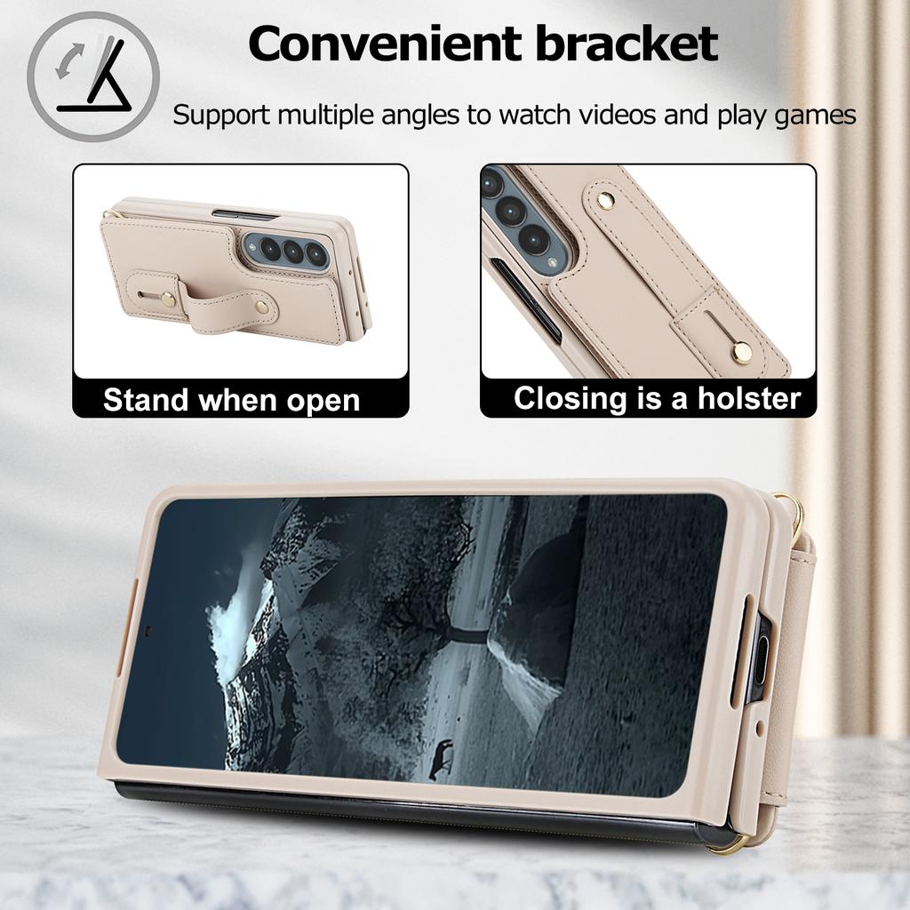 For Samsung Galaxy Z Fold4 5G Case Kickstand Card Slots Leather Coated TPU Cover with Shoulder Strap