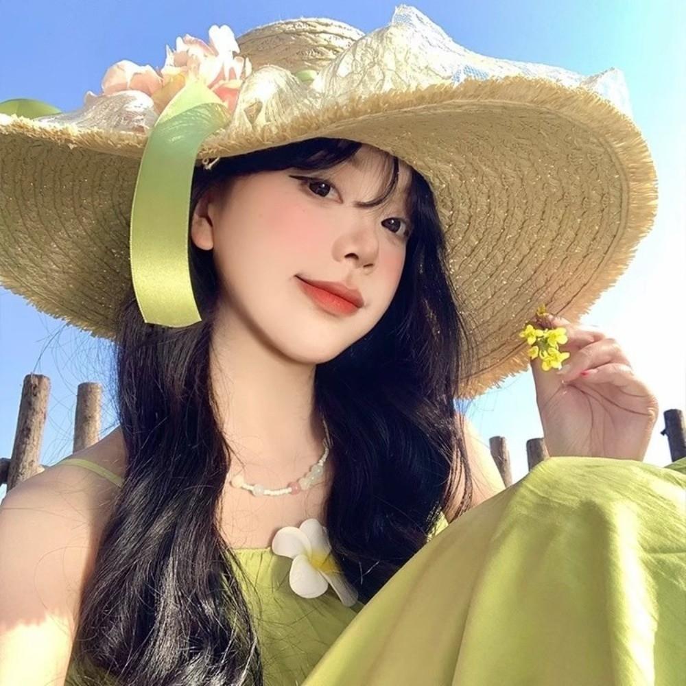 Breathable Vacation Beach Cap Flower Woven Sun Cap Solid Color Lafite Straw Hat  Carnival