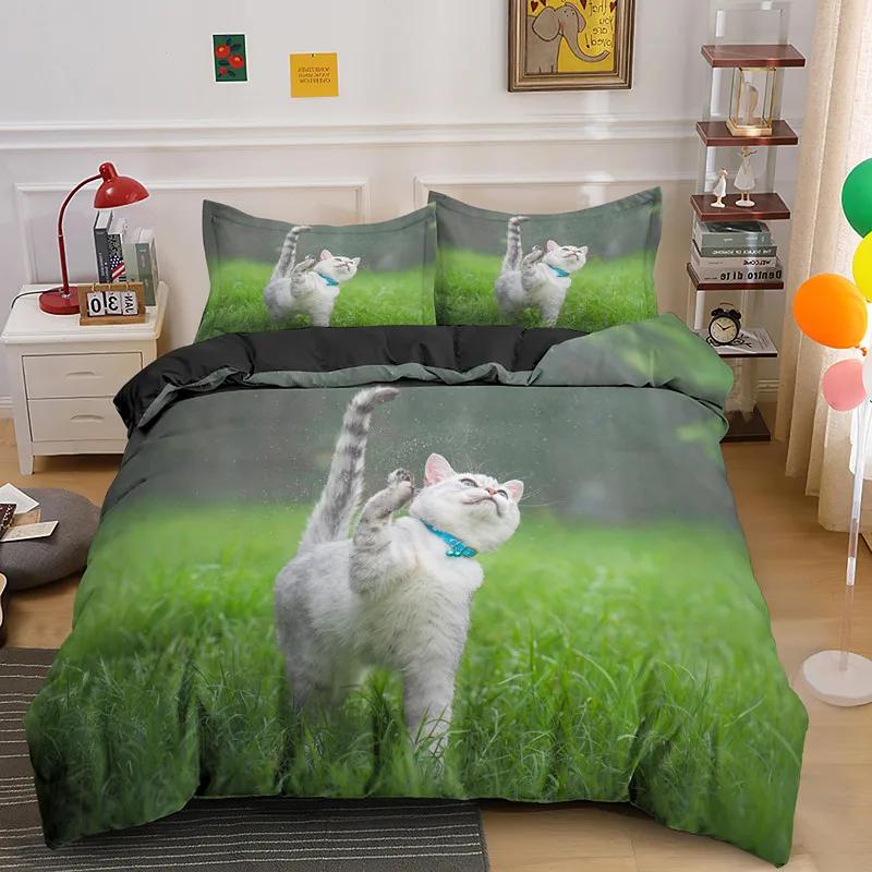 Pet Animal Bedding Set Cute Cat Bedding For Kids Quilt Cover Pillowcase Comforter Cover Kawaii Kitty Soft Polyester Duvet Cover