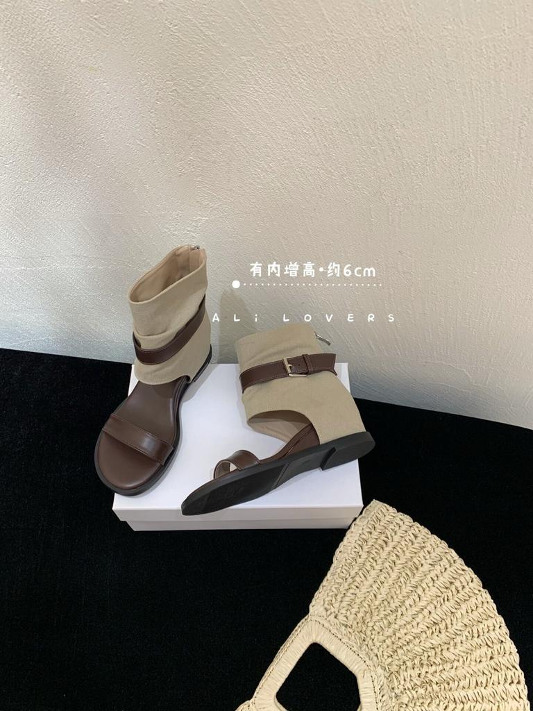 Summer New Apricot Canvas with Belt Buckle Trendy Open-toed Cool Boots Women's Flat-bottomed Square-headed Roman Boots Retro Casual