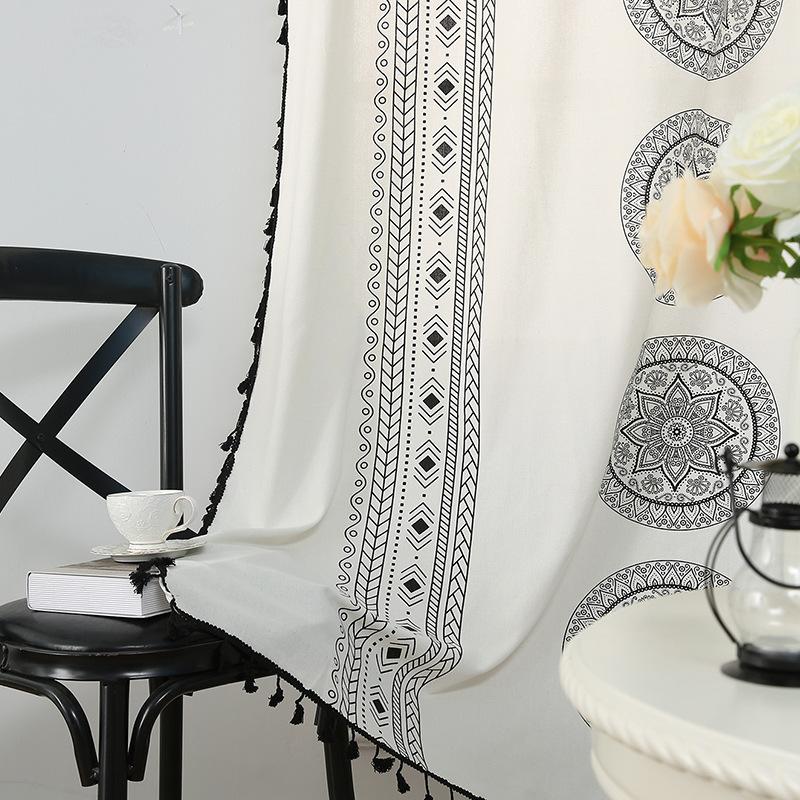 Korean Living Room Balcony Bohemian Cotton And Linen Blackout Black Printing Floor Partition Curtains