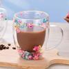 High-value Double-layer Glass Cup with Real Dried Flowers - Heat-resistant with Handle for Tea, Coffee, or Milk.