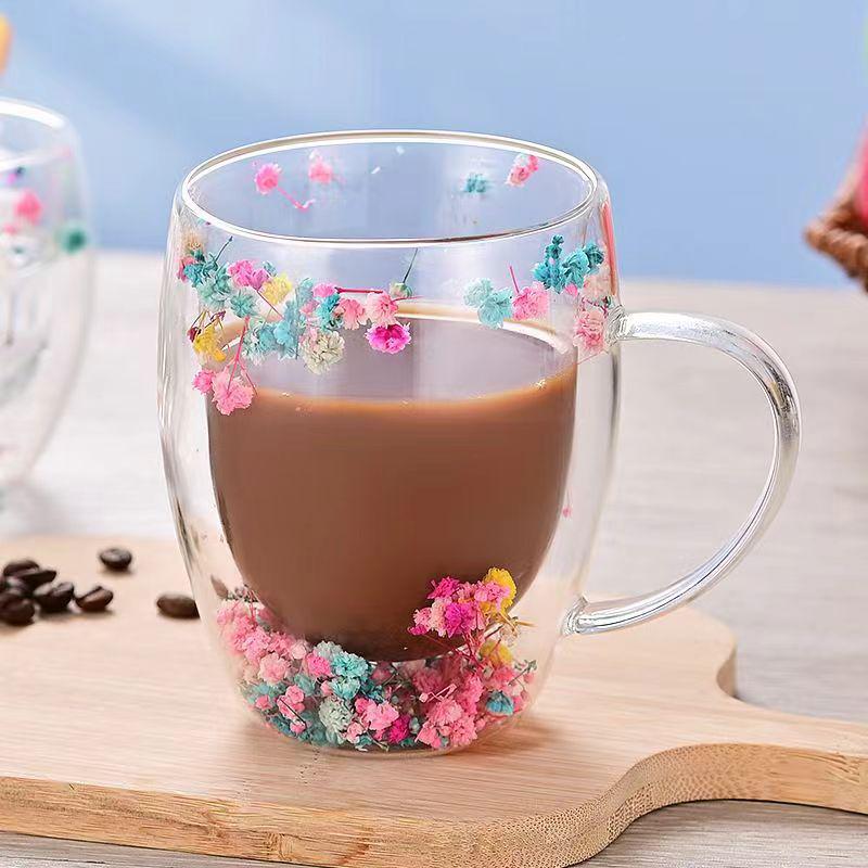 High-value Double-layer Glass Cup with Real Dried Flowers - Heat-resistant with Handle for Tea, Coffee, or Milk.