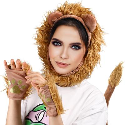 Generic Lion Design Cosplay Set for Hair Lion for Costume and Birthdays Kids, Hoop, Gloves, Tail, Brown, Parties, Halloween,