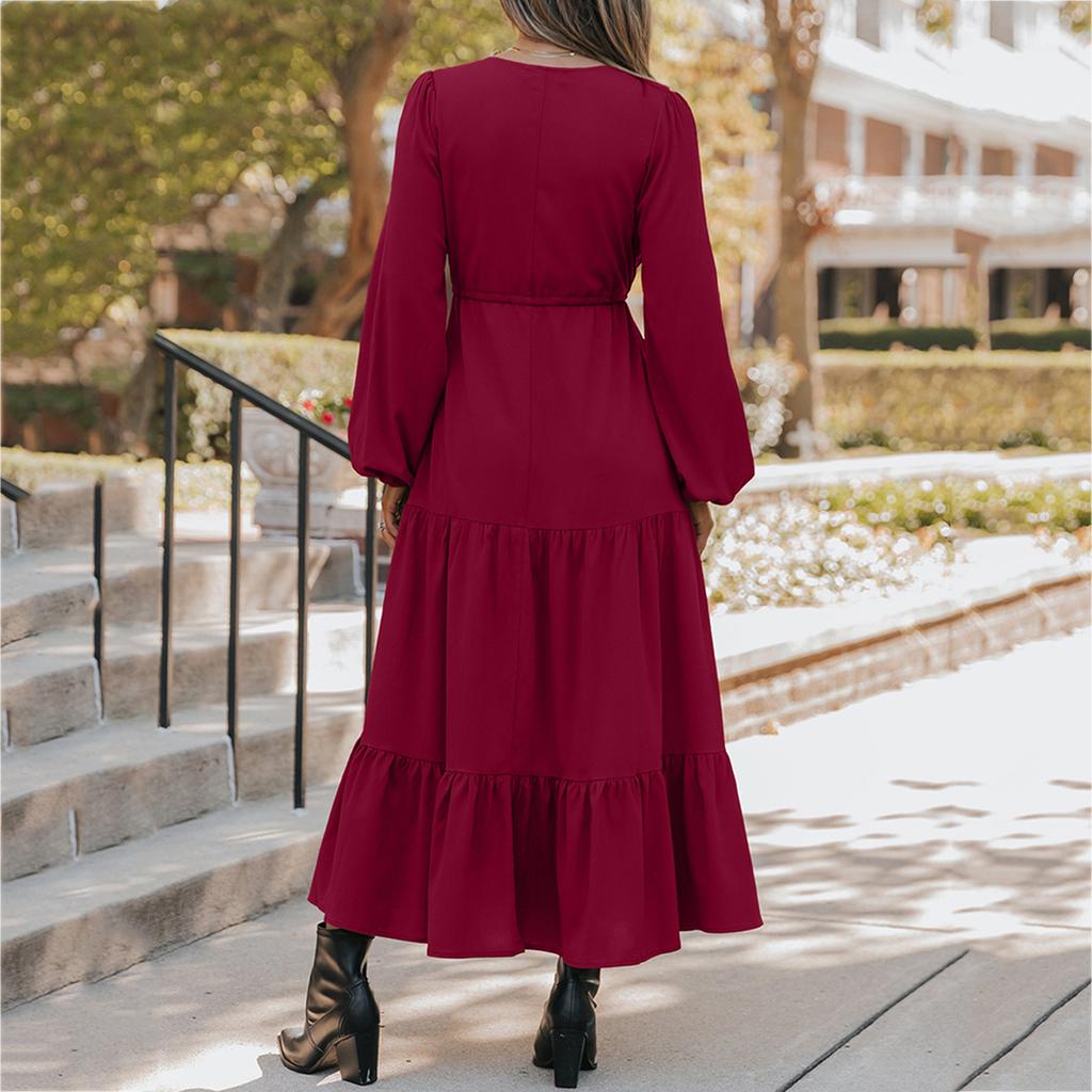 Women's Fashionable Casual Long-sleeved Tie Loose Maxi Dress