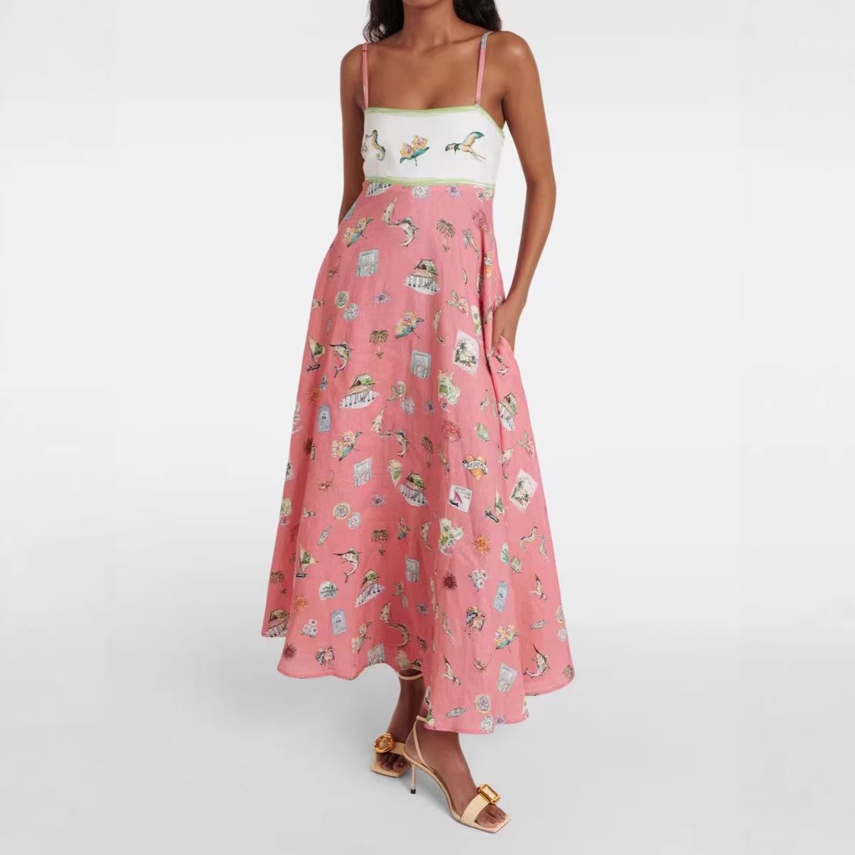 

2026 Sweet Fresh Women s Fashion: European & American Printed Spaghetti Strap Dress with Super Wide Hem S
