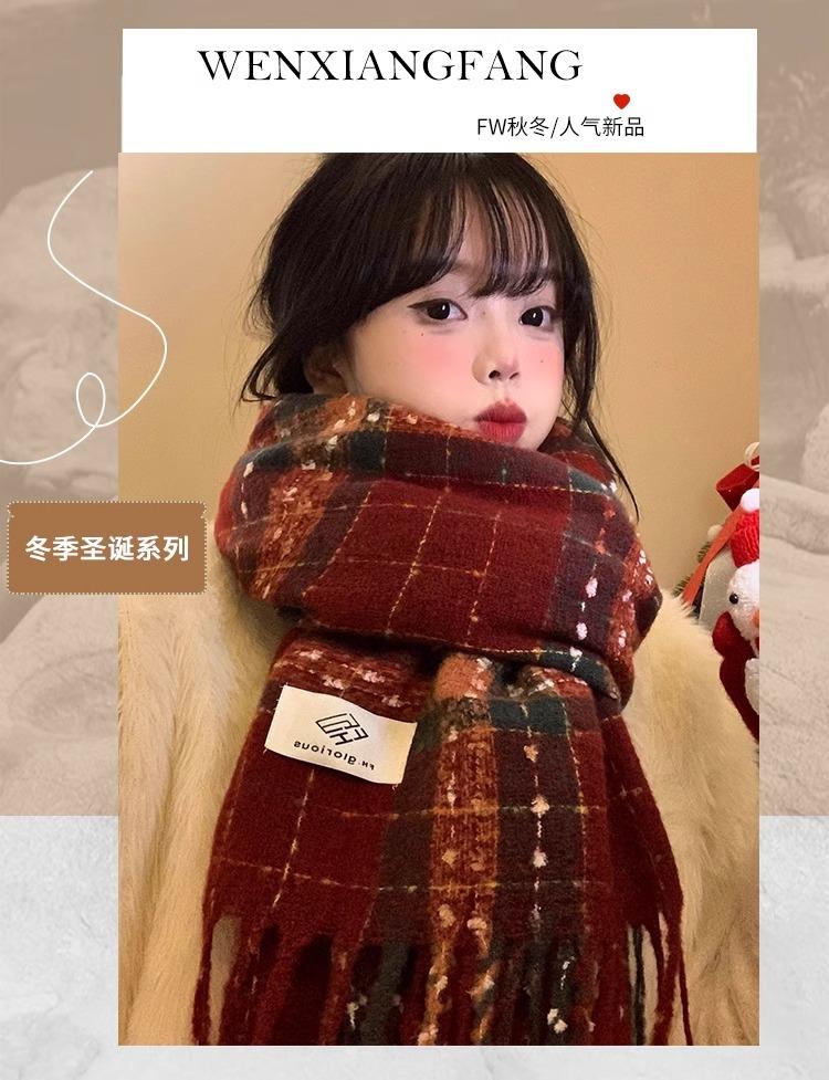 Red Plaid Fringed Scarf Women's Winter Korean Atmosphere Thickened and Kept Warm New Year's Christmas Scarf Student Shawl