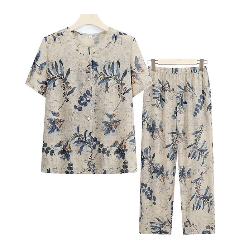 Grandma's Summer Short Sleeve Two-Piece Suit - Ice Silk Casual Wear for Middle-Aged and Elderly Women
