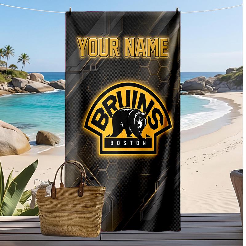 Boston Bruins Custom Beach Towel, Print Your Name Text Lightweight Absorbent Towel for Swimming Travel