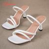 Aphixta 7CM High Heeled Women White Khaki Thin Heel Narrow Band Concise Square Toe Prom Slipper Slingback Shoes for Women Size43