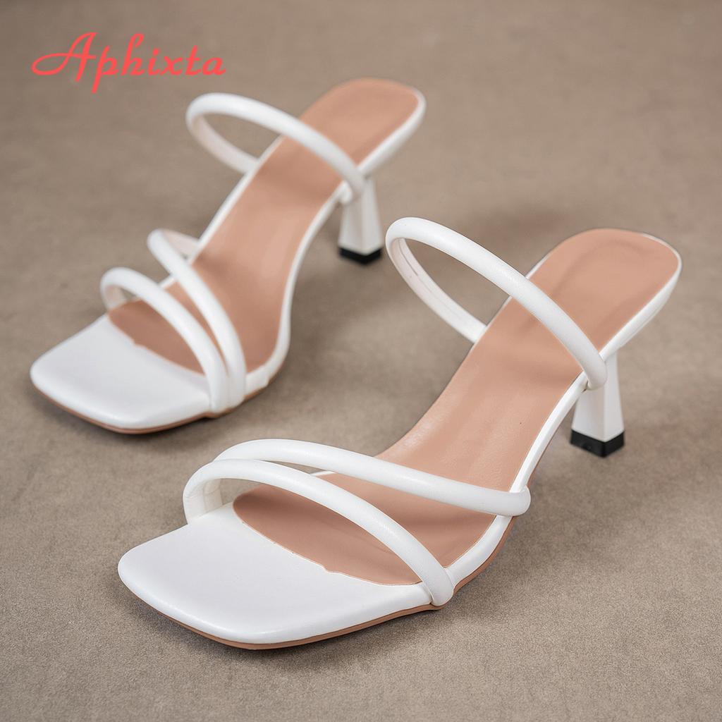 Aphixta 7CM High Heeled Women White Khaki Thin Heel Narrow Band Concise Square Toe Prom Slipper Slingback Shoes for Women Size43