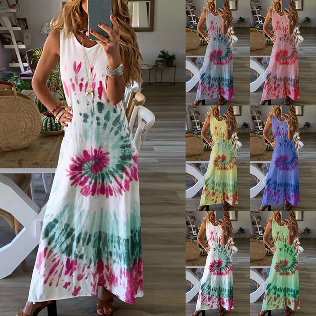 

Женское повседневное винтажное богемное платье макси без рукавов с круглым вырезом и принтом L белый