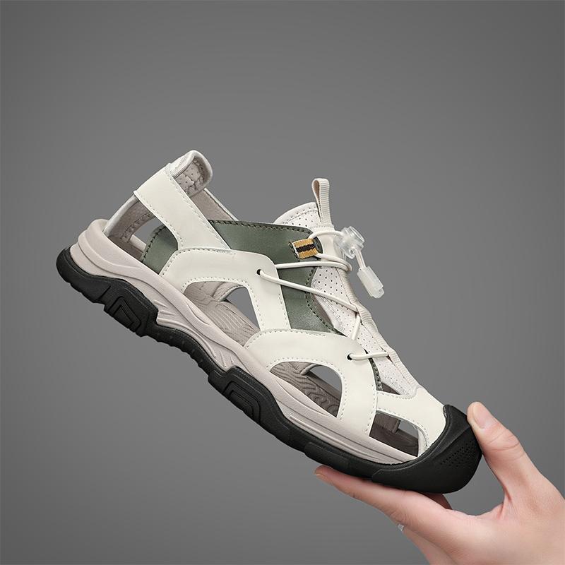 Fashion Anti-collision Toe Summer Shoes Casual Leather Men Sandals Hollow Out Casual Shoes Outdoor Man Beach Shoes All-match Roman Flats