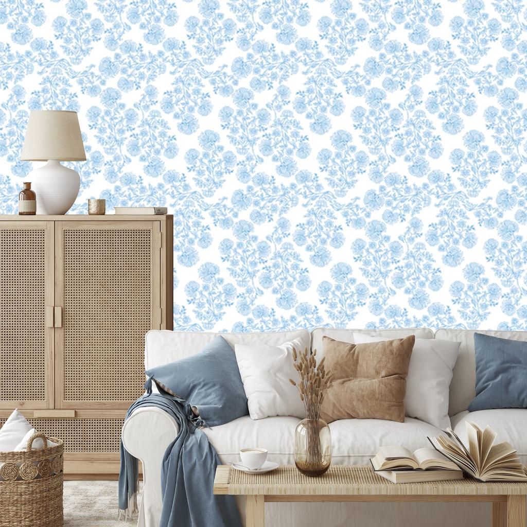 Azure and White Flowers Wallpaper for Living Room and Bedroom 50x1000