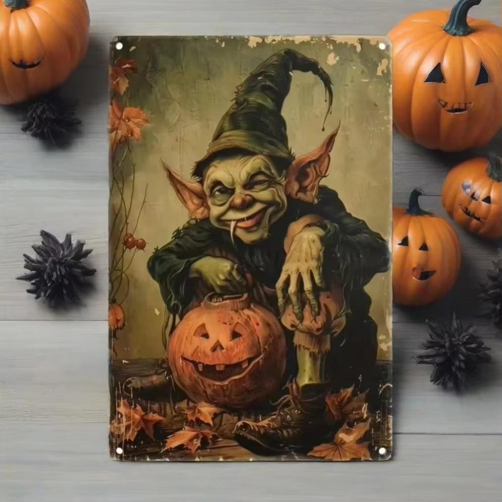 Trick or Treat Halloween Metal Sign  Retro Goblin  Pumpkin Decor for Porches