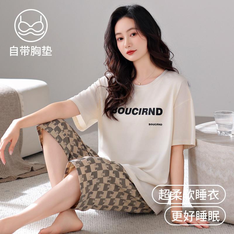 Pajamas with chest pads, women's summer modal short-sleeved cropped pants, summer thin cool cotton and silk loungewear set
