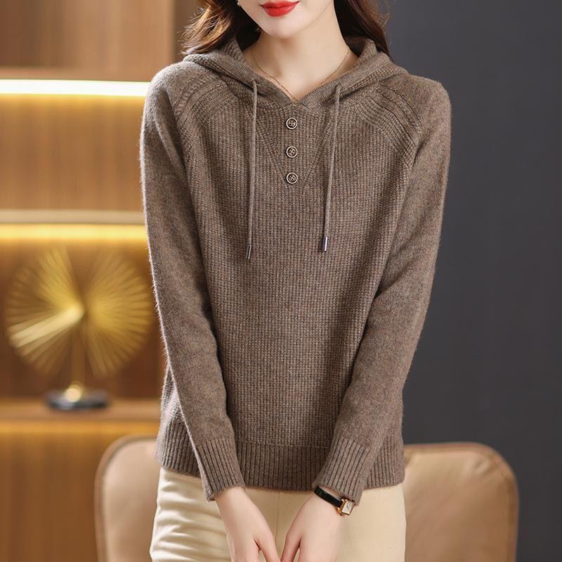 2025 Spring/Autumn Stylish Hooded Knitwear Sweatshirt - Loose, Plus Size Women's Top