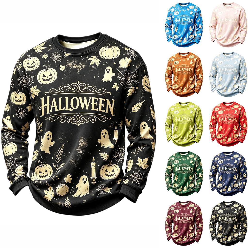 Men's Casual Round Neck Long Sleeve Top with Halloween Print