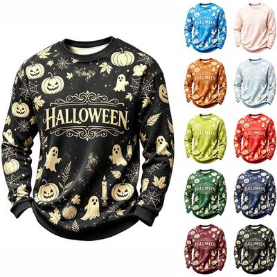 Men's Casual Knit Long Sleeve Neck Top with Halloween Print for