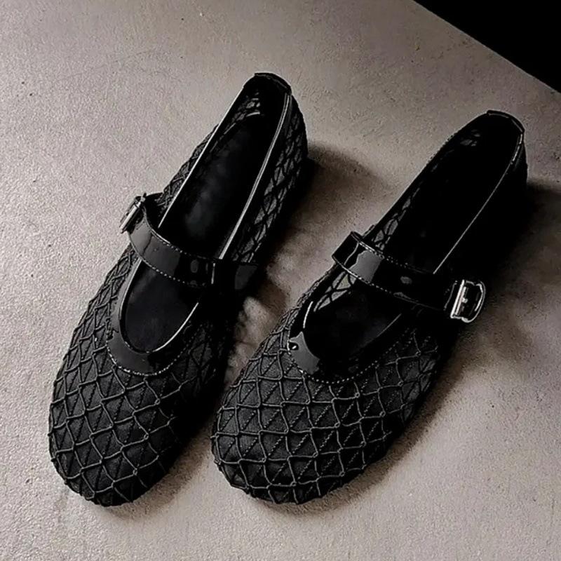 Niche Woven Mesh Breathable Hollow Word Belt Mary Jane Shoes Women's Fashion Round Head Flat Sole Shoes