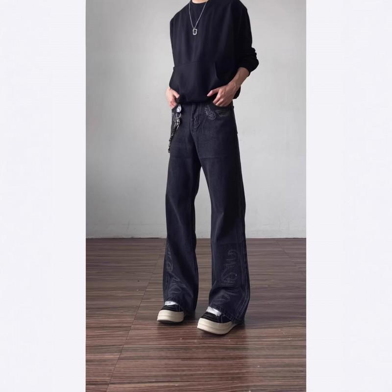 Mens Vintage Washed Embroidered Flare Jeans Loose Straight Leg Vibe Style Casual Denim Pants