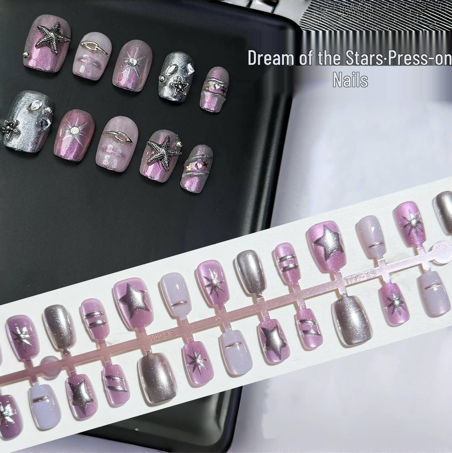 

Y2K Millennial Metallic Silver-Purple Press-On Nails: Short, Sweet, Cool Mechanical Nail Art. Starry Night Dream [XS/S/M]