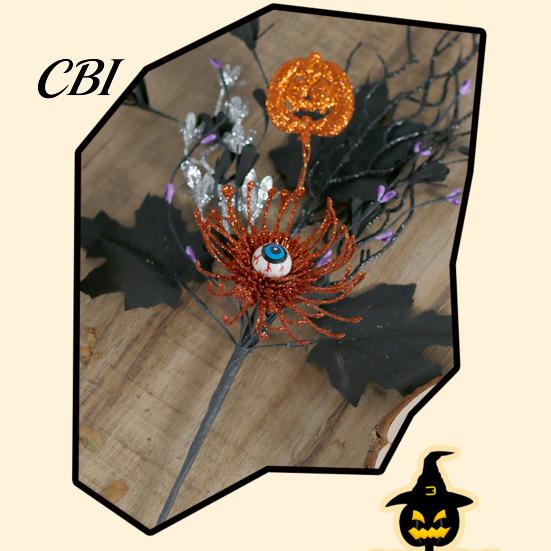 Matte Black Maple Leaves Branch Halloween Artificial Stem, Glitter Fake Twig with Pumpkin, Eyeball, Multi-branch Bouquet for Party, Indoor Table