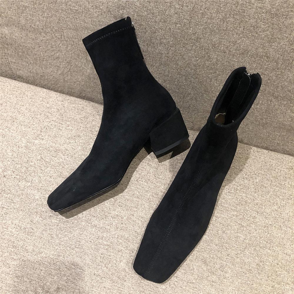 Autumn Winter Fashion Women Boots Square Toe Yarn Elastic Ankle Boots Kid Suede Thick Heel Shoes Female Socks Boats Mujer