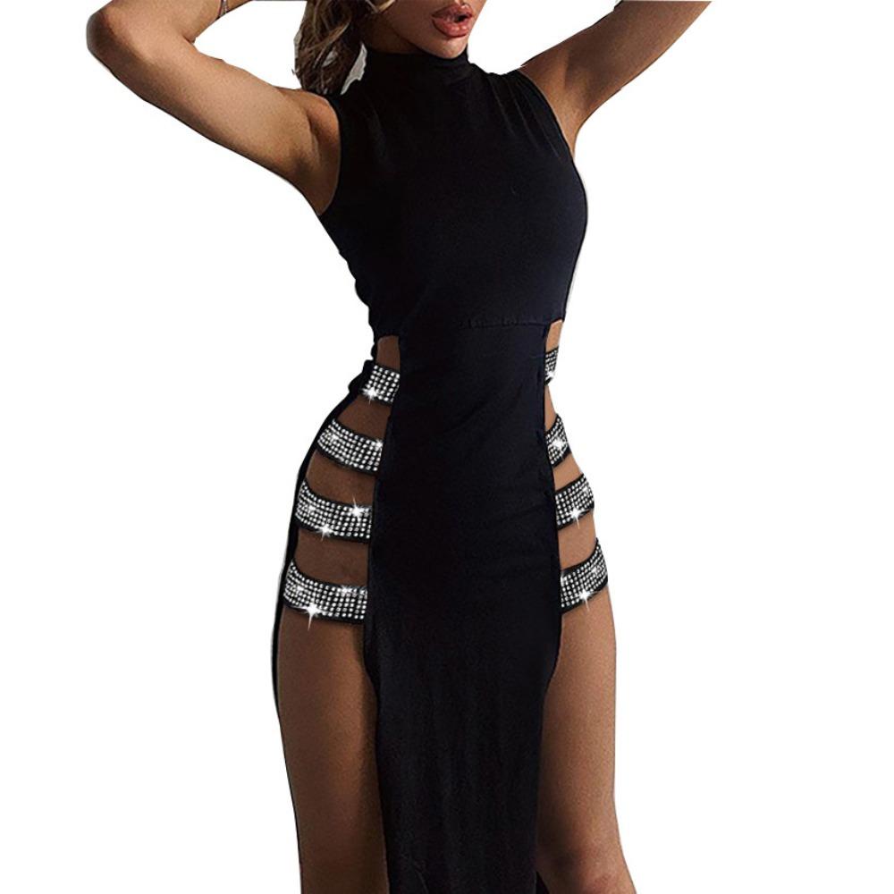Women's Turtleneck Sleeveless Maxi Dress Bodycon High Waist Sexy Rhinestone Cutout Side Slit Club Dress