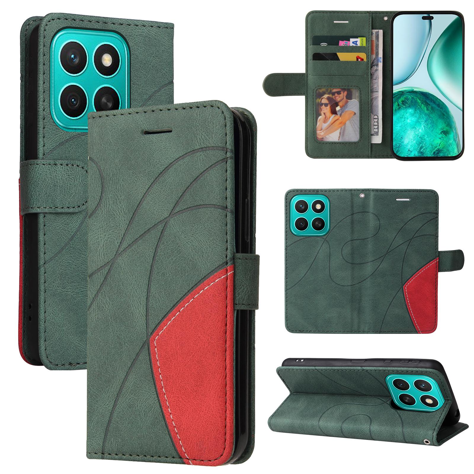 

For Honor X8c 4G Leather Phone Case Stand Wallet with Bi-colour Splicing Design Green
