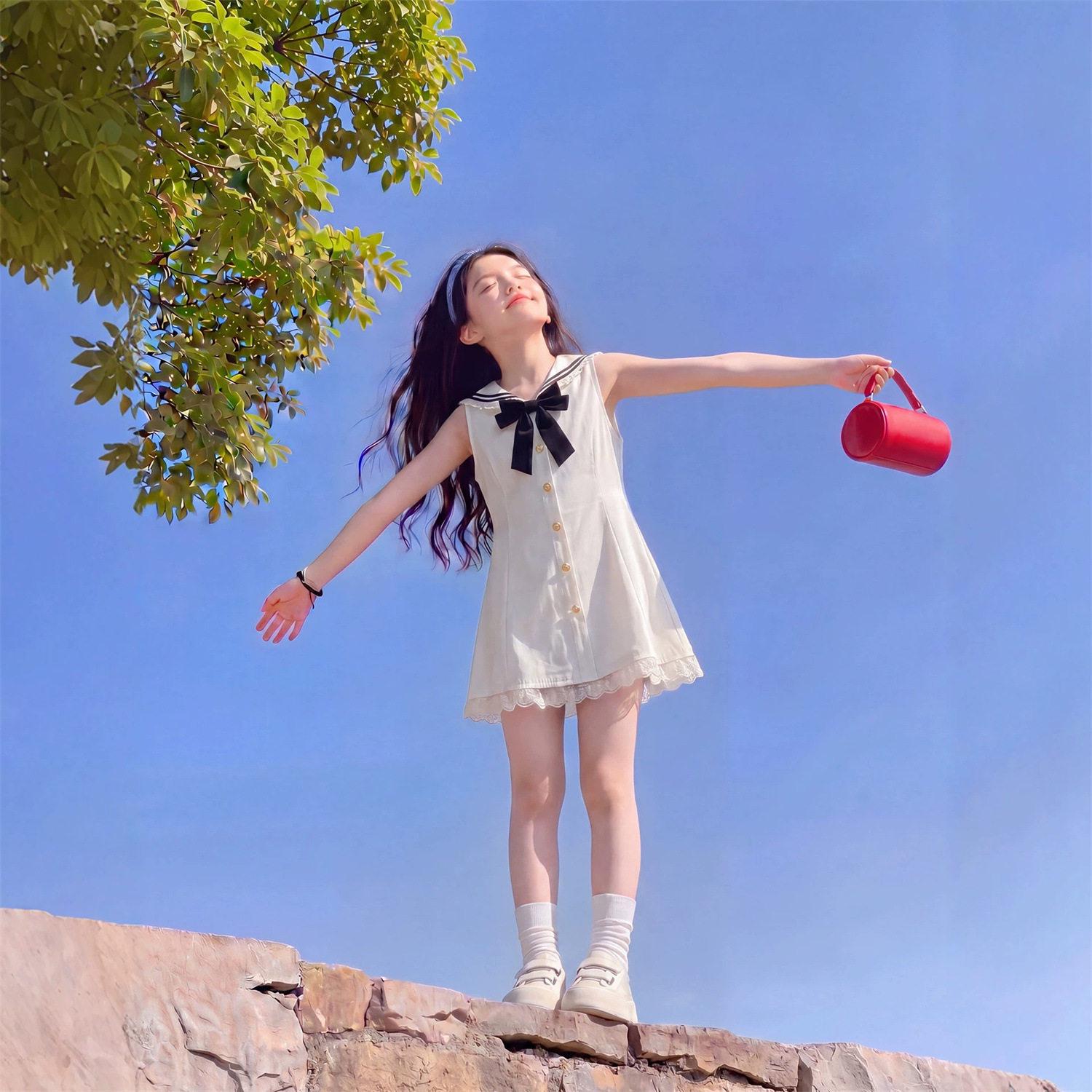 Girls Summer Sailor Collar Dress - Korean Academy Style Vacation Skirt 120 cm