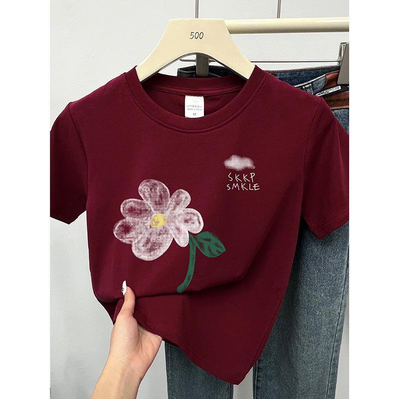 

Women s Summer 2024 Petite Slimming Floral Crew Neck T-Shirt L вина червоного кольору