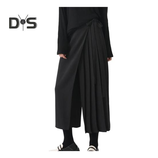 Women Pants Dark Style Black Solid Color Pleated Fake Two piece Irregular High Street Loose Wide Leg Casual Individual Mid calf Length Culottes
