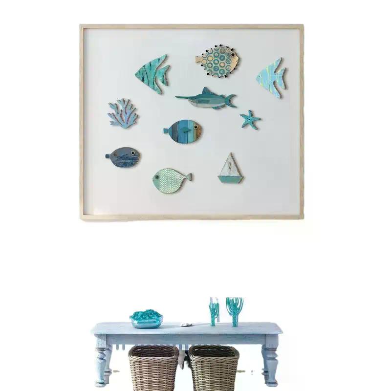 10pcs/set Wooden Fish Hanging Beach Theme Bathroom Fish Wall Decor Art Nautical Coastal Ocean Home Decoration