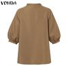 VONDA Women's Summer Standing Collar Bubble Short Sleeve Tie Button Solid Colour Loose Blouse