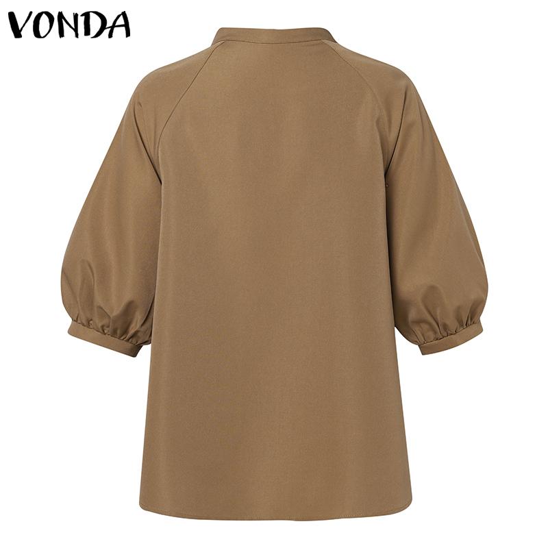VONDA Women's Summer Standing Collar Bubble Short Sleeve Tie Button Solid Colour Loose Blouse
