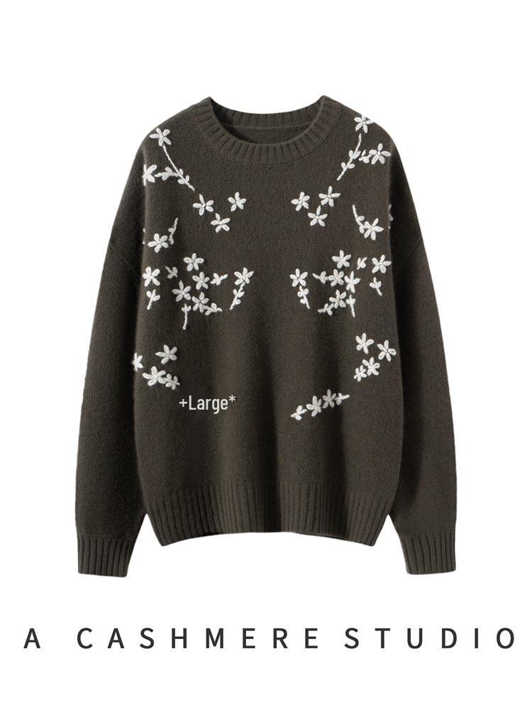 Women's Pure Cashmere Embroidered Sweater - Round Neck, Drop Shoulder, Long Sleeves, Autumn/Winter Knit Pullover