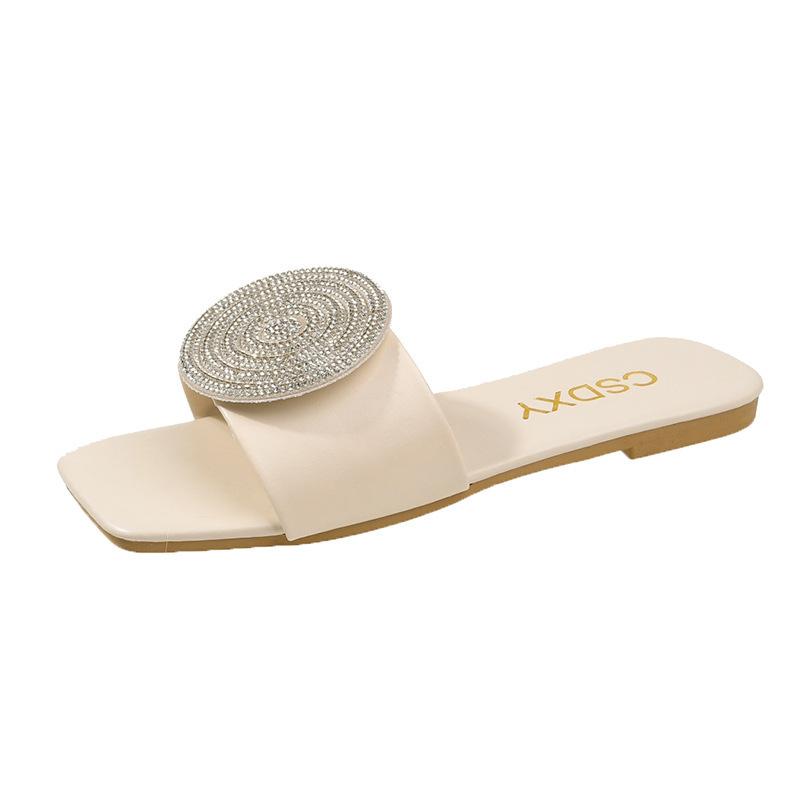 2024 New Large Size Flat Bottom Slippers Women Slippers Square Head Rhinestone Round Cake One-character Slippers