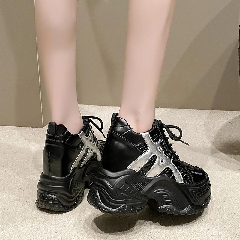 Fashion 10CM New Chunky Leather Sneakers Summer Casual Vulcanized Shoes Woman High Platform Breathable Air Mesh Sneakers Sport Dad Shoes