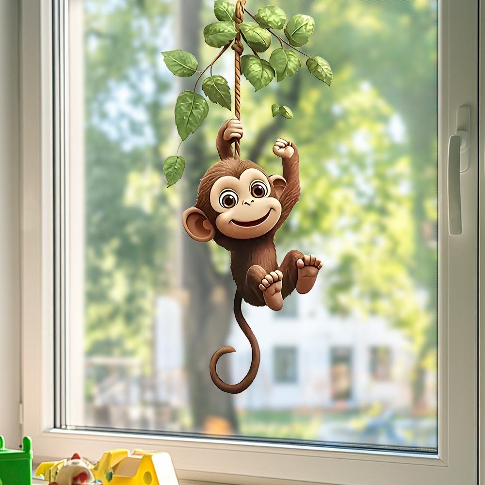 Playful Monkey Swinging on Vine with Green Leaves Static Cling Window Sticker Removable Self-Adhesive Glass Decal Home Decor Art